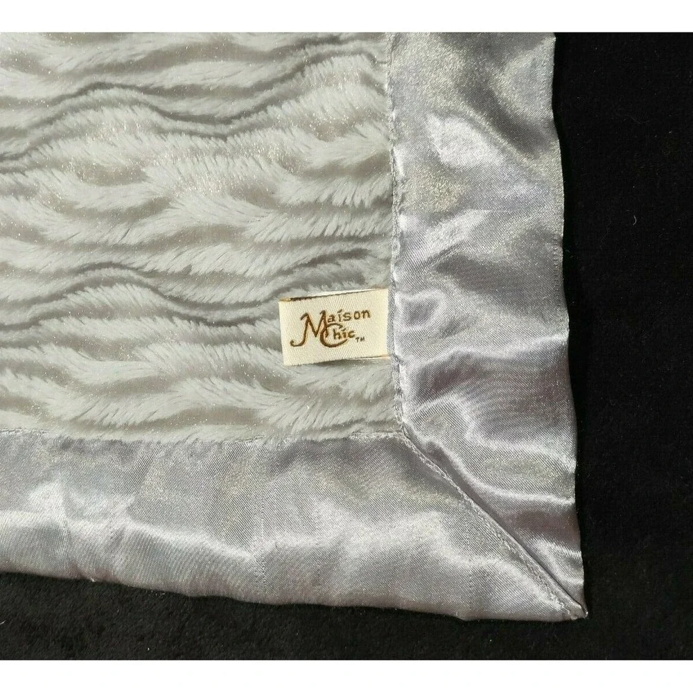 Maison Chic Baby Gray Silver Satin Security Blanket Lovey Faux Fur 14x14 Square